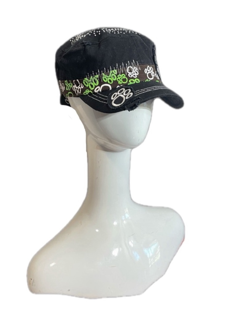 Y2K Crown Cap - Dog or Cat Paw Print with Black and Green Embroidery